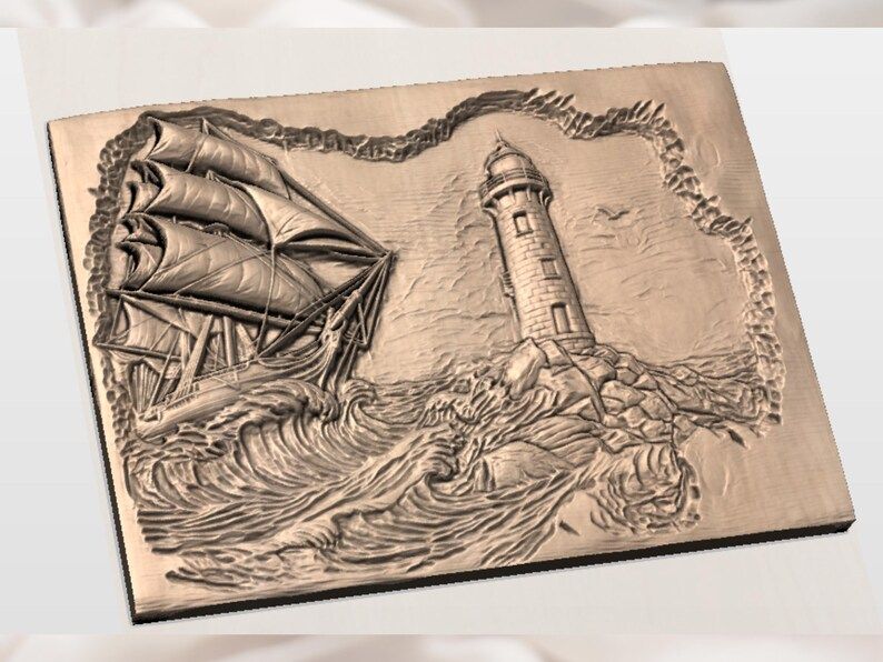 Tall Ship and Lighthouse in Stormy Seas Bas-Relief STL bas-relief STL — view 2