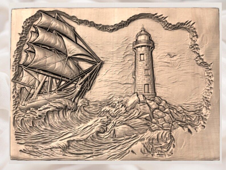 Tall Ship and Lighthouse in Stormy Seas Bas-Relief STL bas-relief STL — view 3