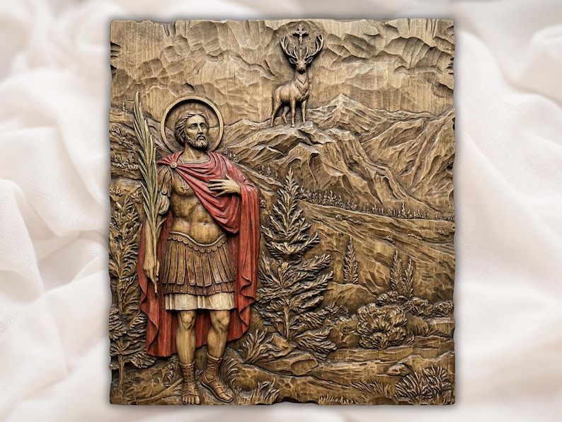 Carved wood relief of Saint Hubertus holding a palm branch with a cross-bearing stag on a mountain ridge