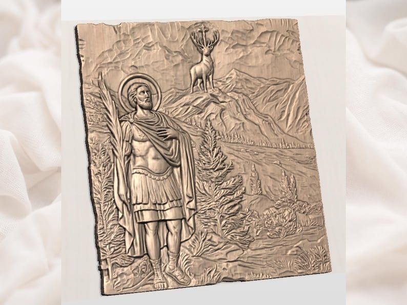 Saint Hubertus and the Cross-Bearing Stag Relief STL bas-relief STL — view 2