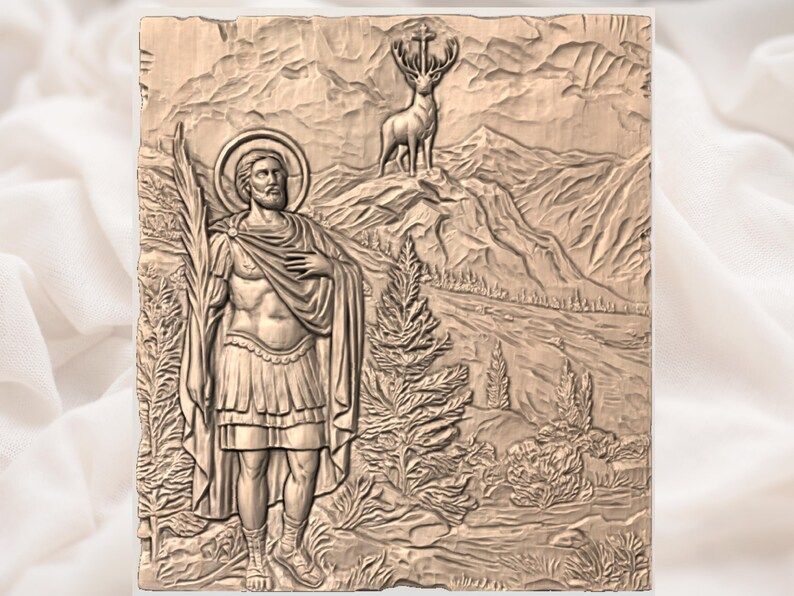 Saint Hubertus and the Cross-Bearing Stag Relief STL bas-relief STL — view 3