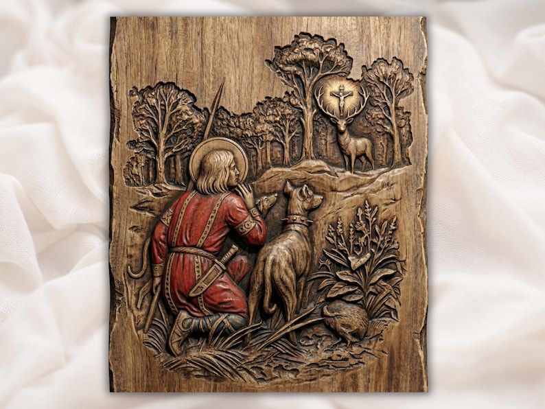 Bas-relief wood carving of Saint Hubertus kneeling with his dog before a stag bearing a glowing cross