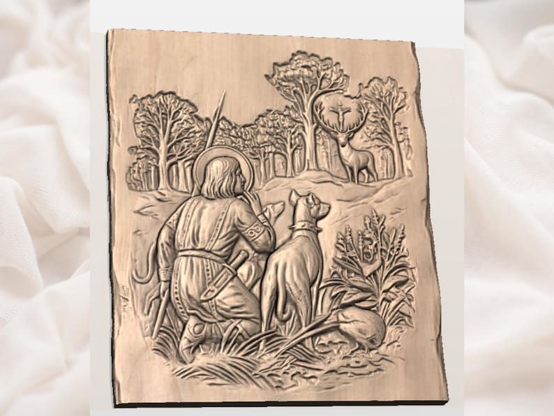Saint Hubertus and the Sacred Stag Bas-Relief STL Carving bas-relief STL — view 2
