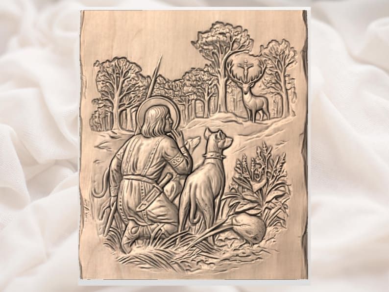 Saint Hubertus and the Sacred Stag Bas-Relief STL Carving bas-relief STL — view 3