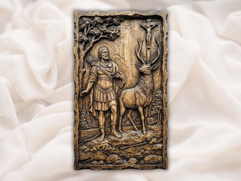 Carved wood relief of Saint Hubertus beside a stag with a crucifix between its antlers in a forest.
