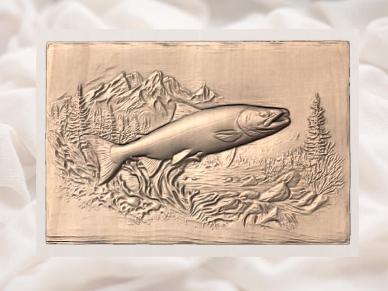 Leaping Trout River Scene 3D Relief STL for CNC Carving bas-relief STL — view 2