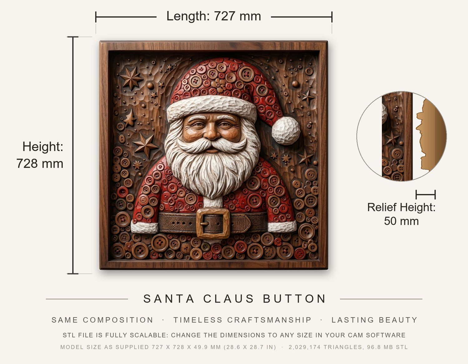 Santa Claus Button CNC Relief STL bas-relief STL — view 3