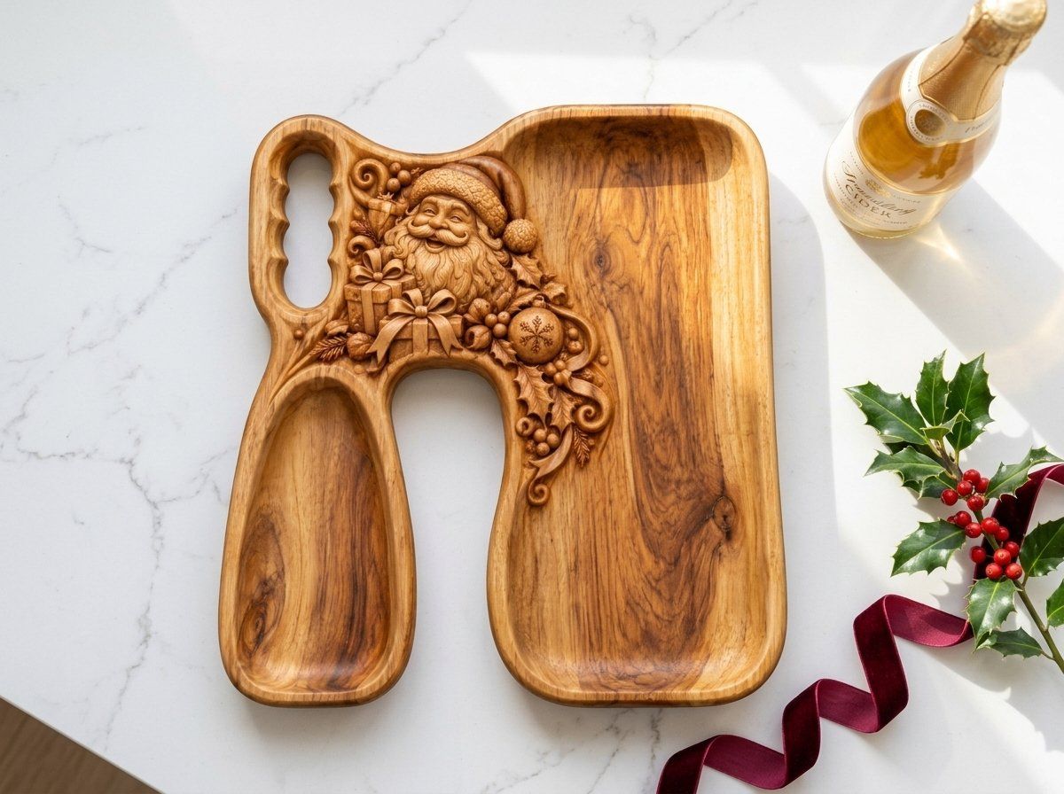 Santa Claus Christmas Serving Tray CNC Relief STL | Holiday Charcuterie Board Design | Festive Seasonal Wood Carving — carved bas relief STL file for CNC