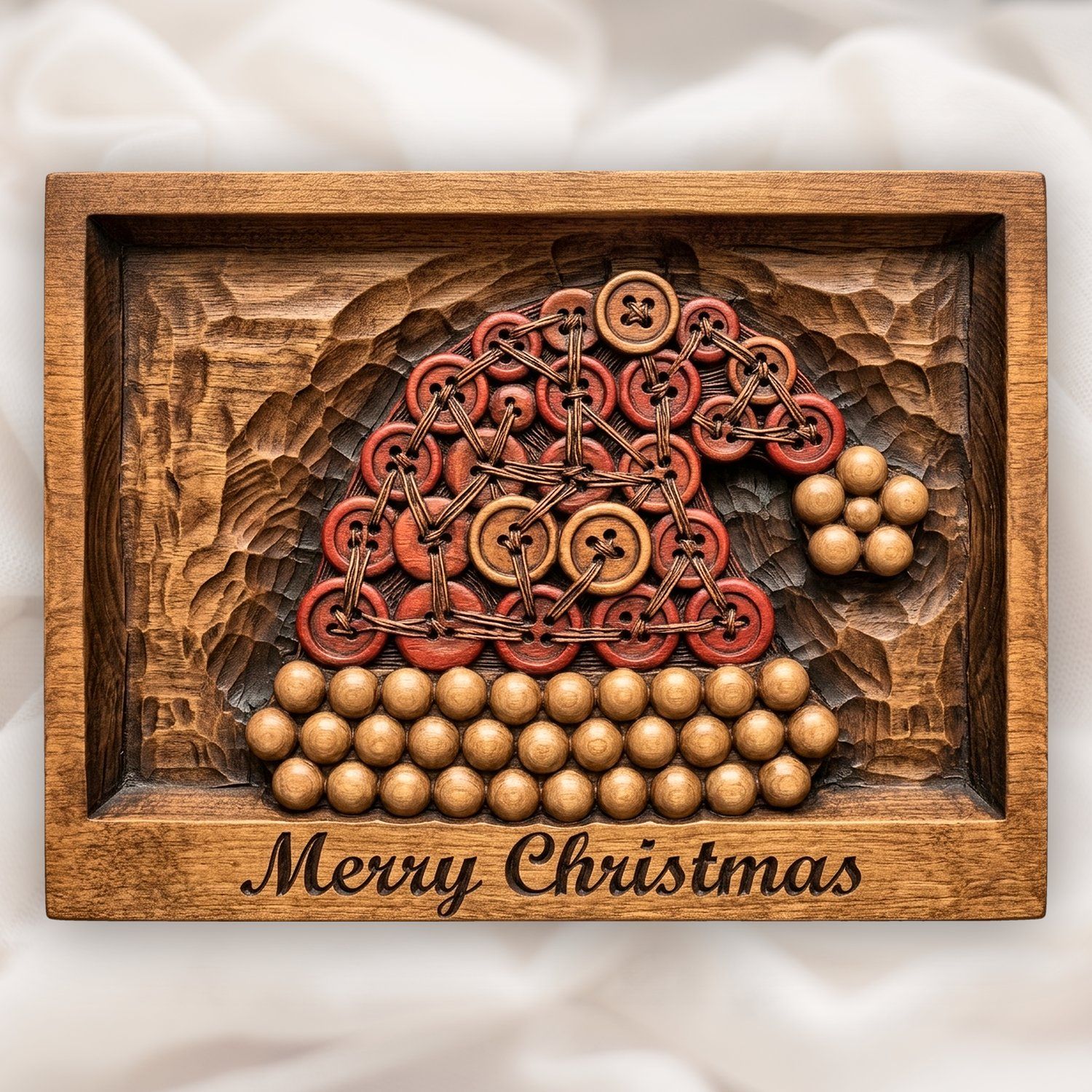 Santa Hat Button Art Merry Christmas CNC Relief STL | Holiday Wood Carving Design | Festive Home Decor Panel — carved bas relief STL file for CNC