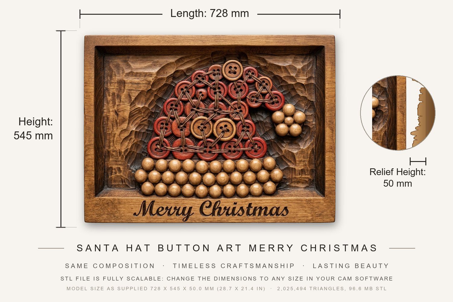 Santa Hat Button Art Merry Christmas CNC Relief STL bas-relief STL — view 3
