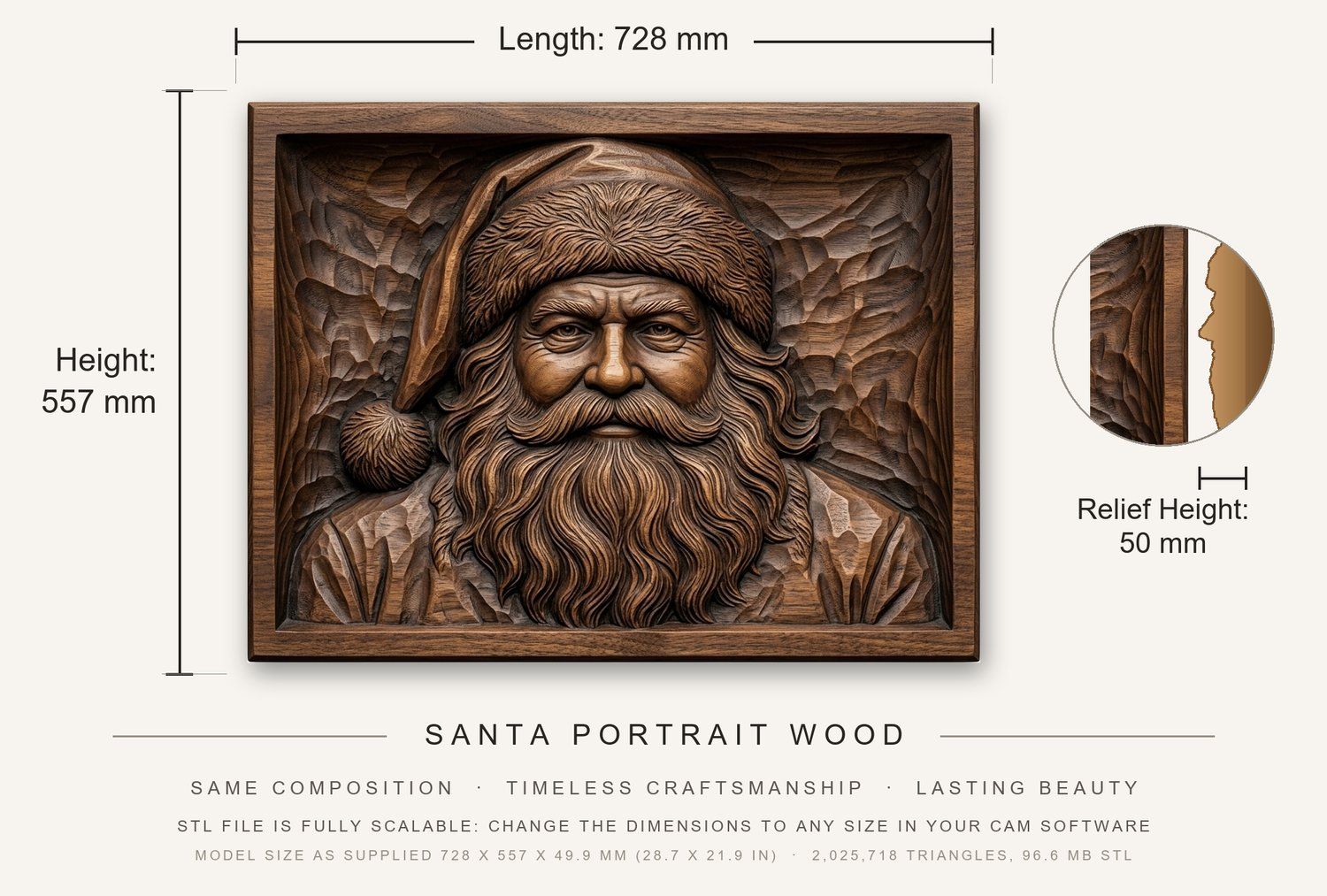 Santa Portrait Wood CNC Relief STL bas-relief STL — view 3