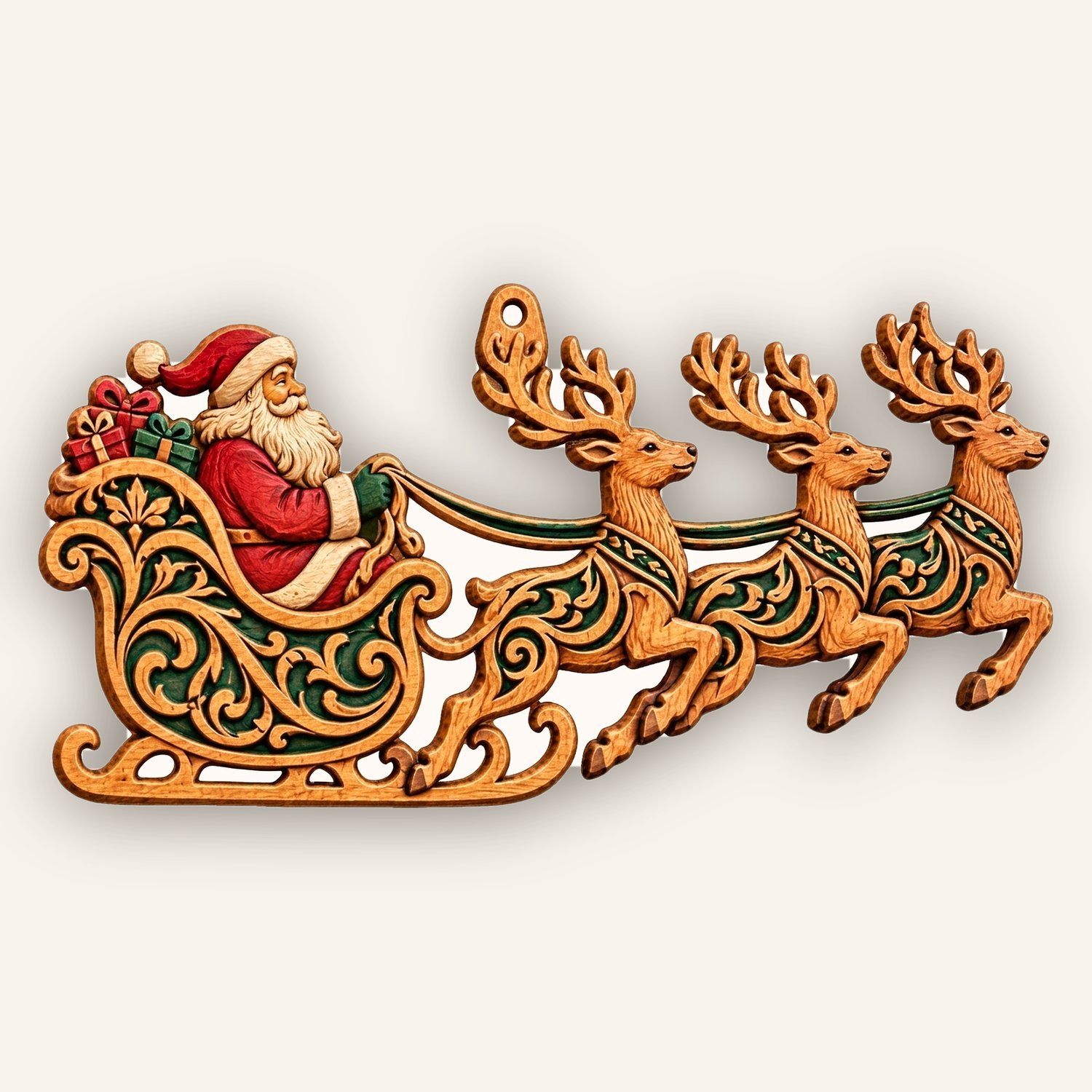 Santa Sleigh Reindeer Ornament CNC Relief STL | Christmas Wood Carving Design | Holiday Wall Decor Panel — carved bas relief STL file for CNC