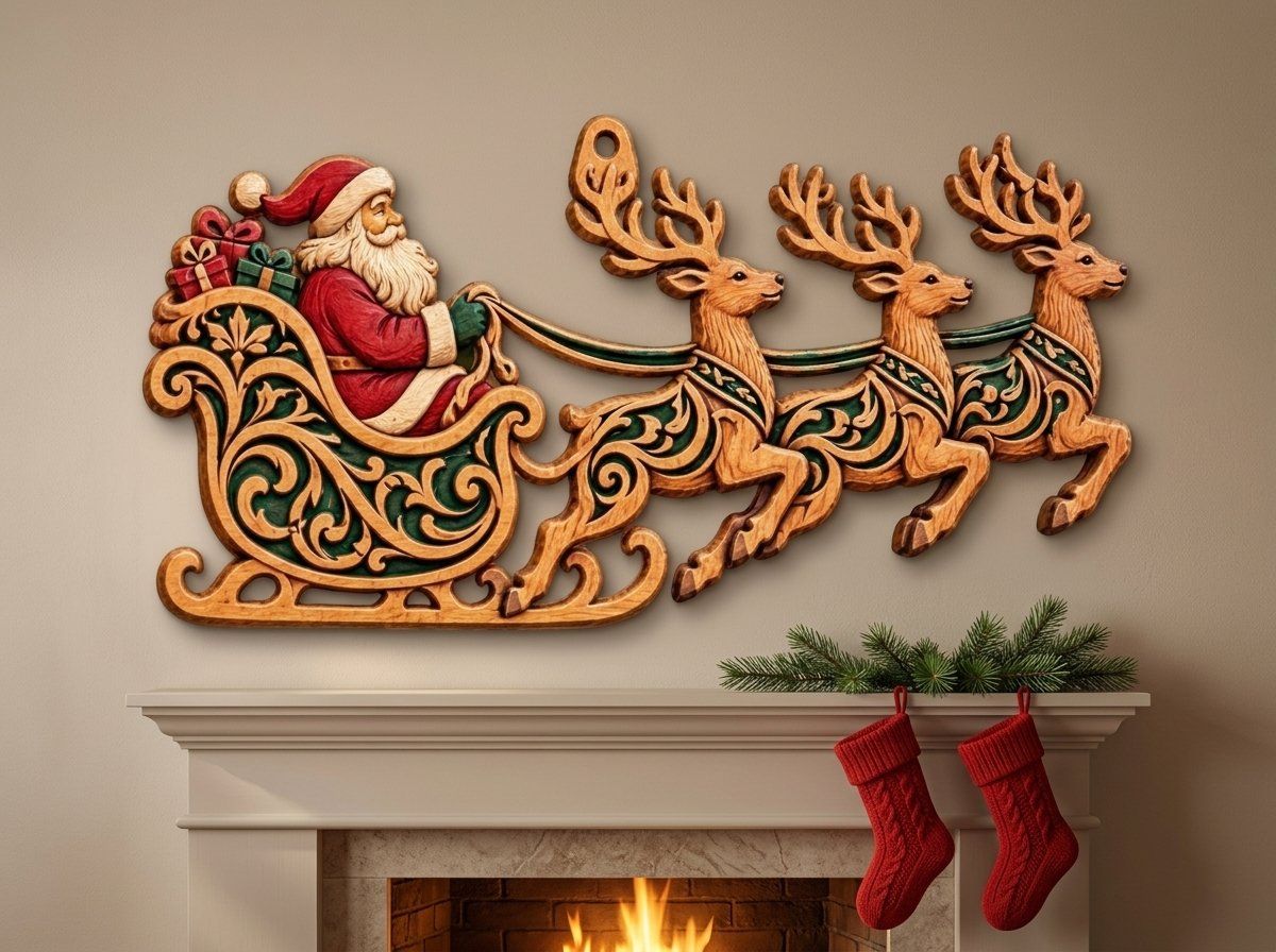 Santa Sleigh Reindeer Ornament CNC Relief STL bas-relief STL — view 13