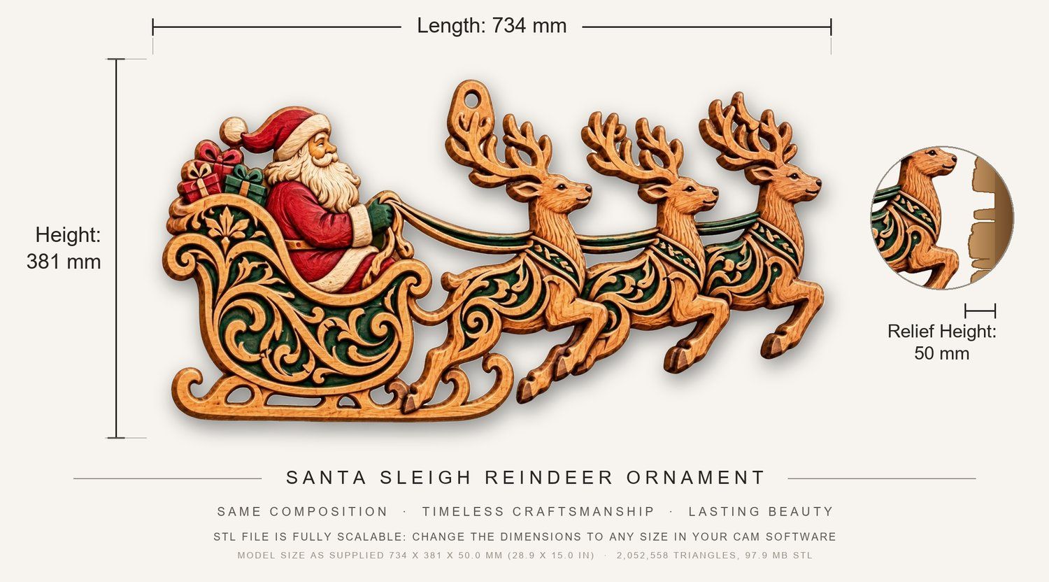 Santa Sleigh Reindeer Ornament CNC Relief STL bas-relief STL — view 3