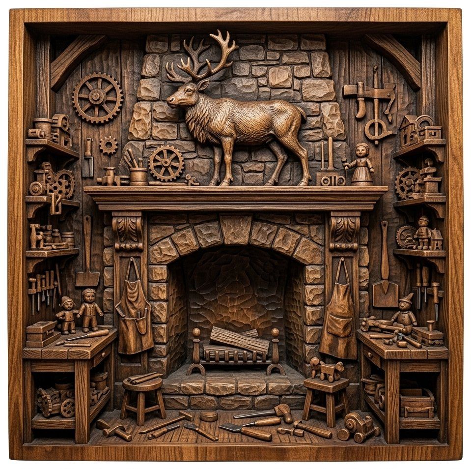 Santa Workshop Fireplace Reindeer CNC Relief STL bas-relief STL — view 4