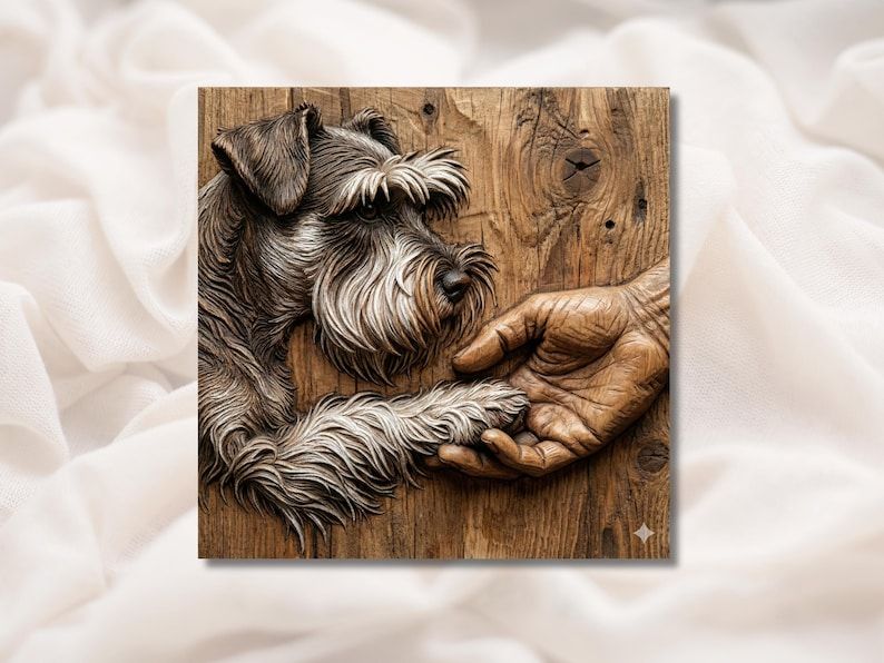 Carved wood bas-relief of a schnauzer dog resting its paw in an open human hand