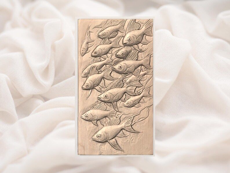 School of Fish Bas-Relief STL, Swimming Shoal Wall Panel Carving bas-relief STL — view 2