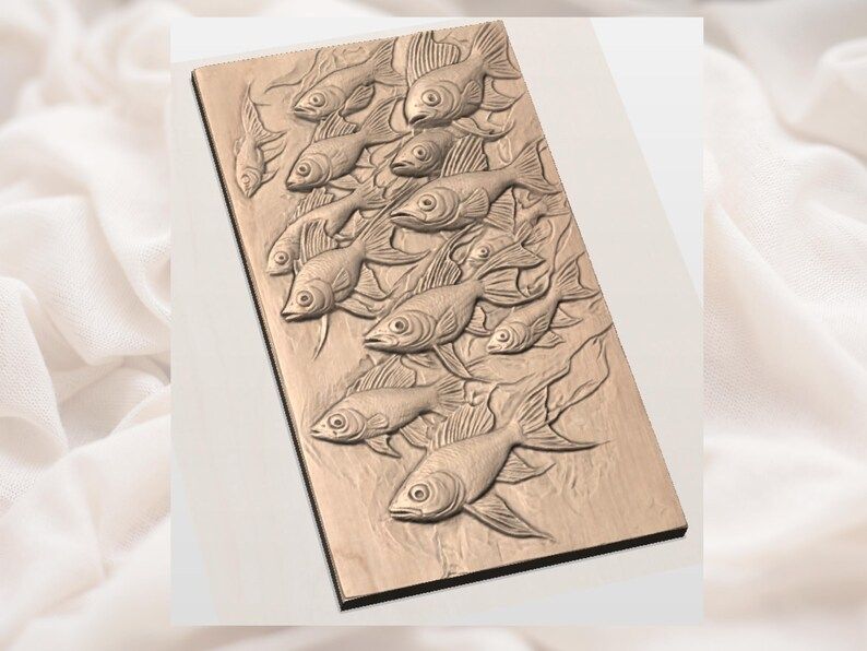School of Fish Bas-Relief STL, Swimming Shoal Wall Panel Carving bas-relief STL — view 3
