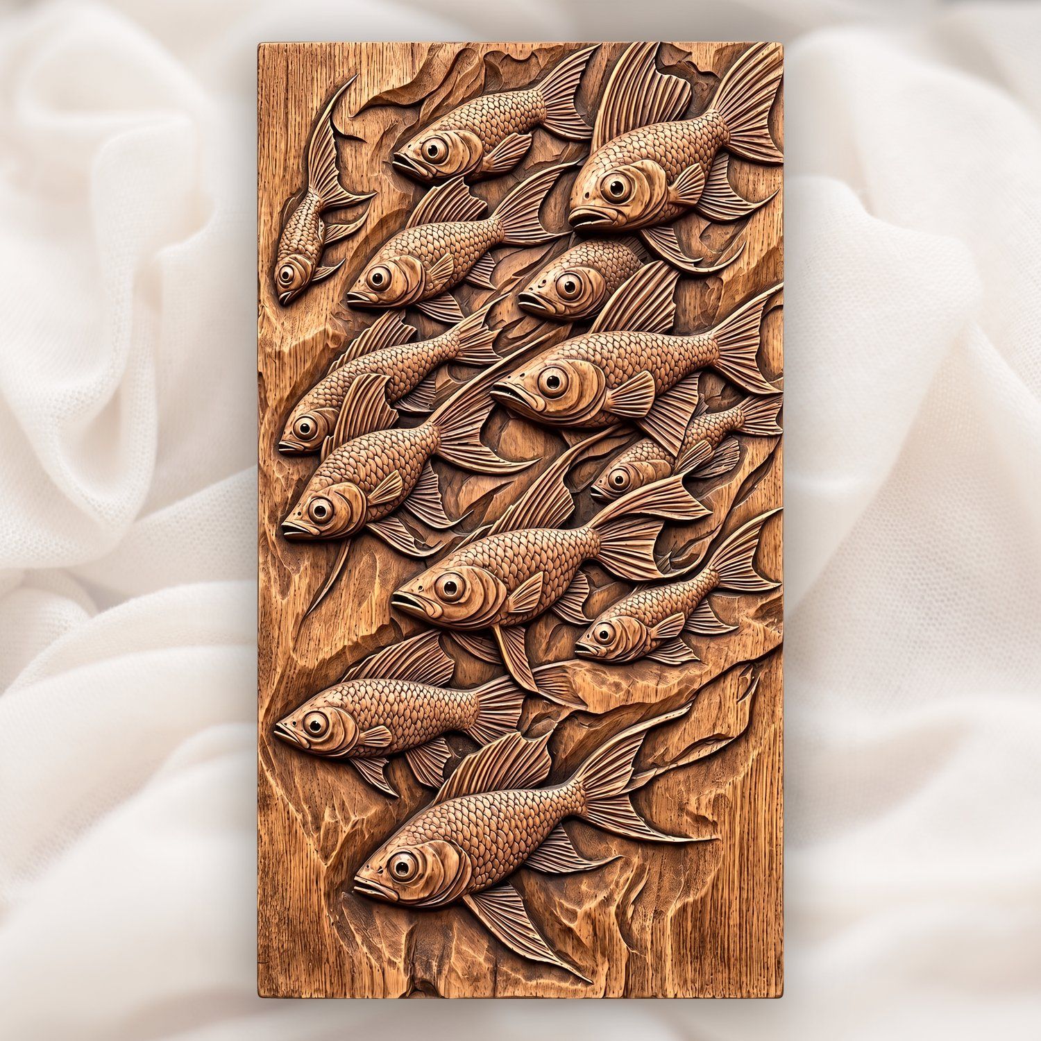 School of Swimming Fish Wood Carving CNC Relief STL | Aquatic Life Wall Art Panel | Underwater Nature Scene 3D Design — carved bas relief STL file for CNC
