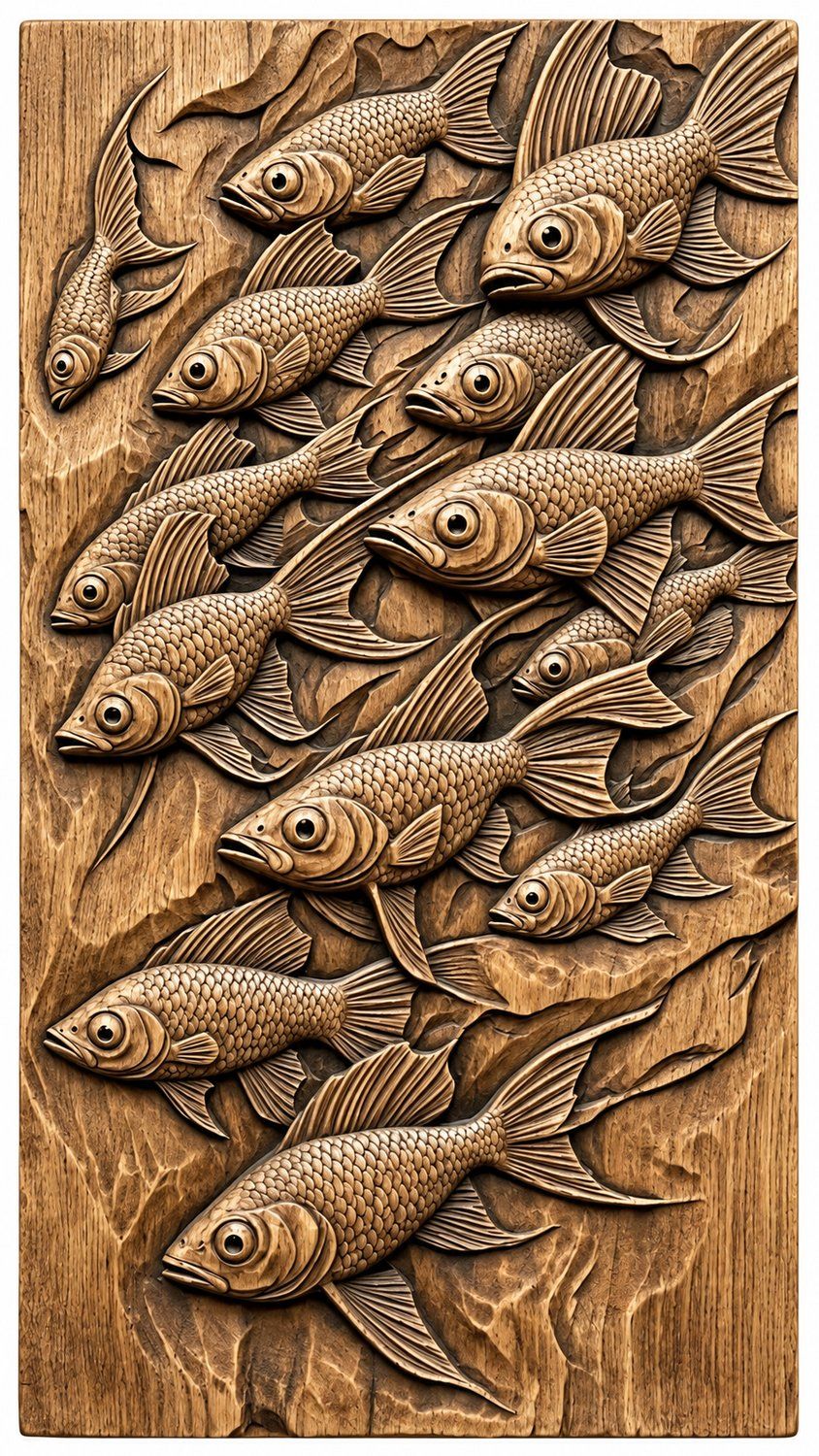 School of Swimming Fish Wood Carving CNC Relief STL bas-relief STL — view 14