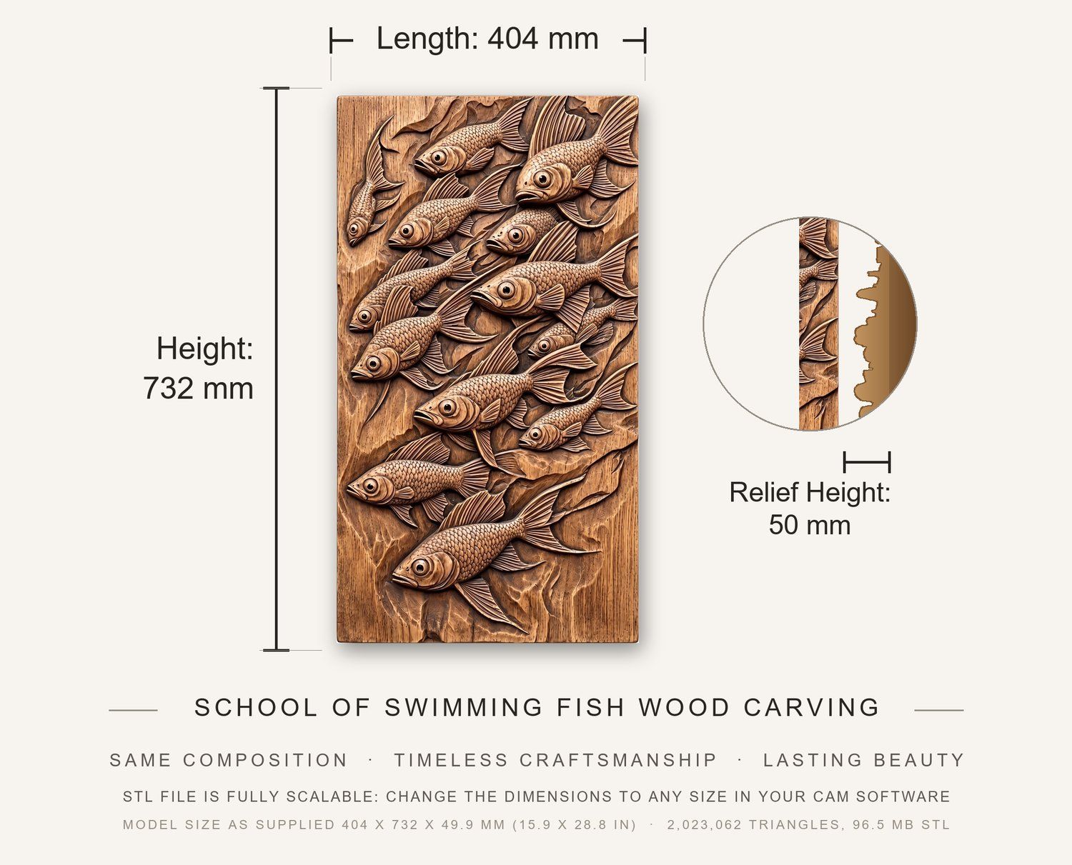 School of Swimming Fish Wood Carving CNC Relief STL bas-relief STL — view 3