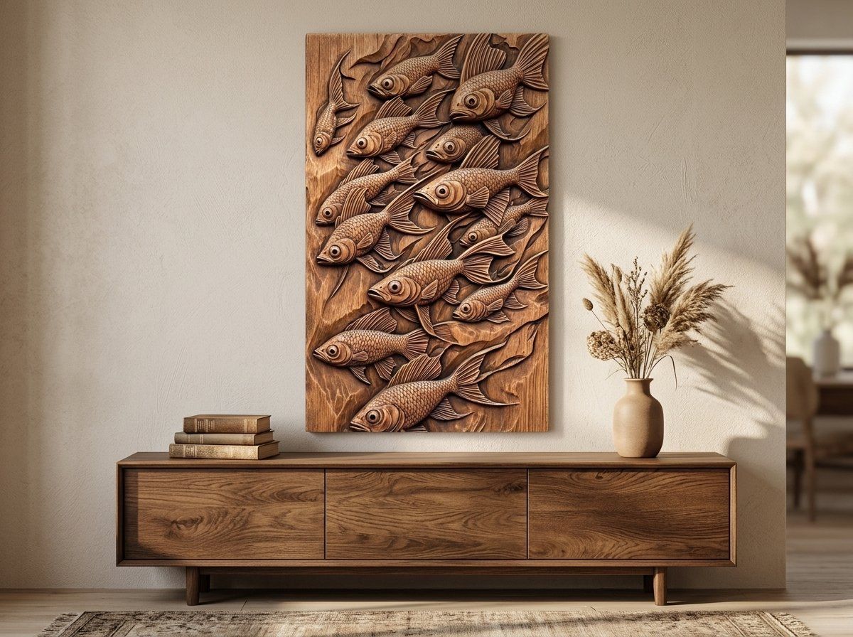 School of Swimming Fish Wood Carving CNC Relief STL bas-relief STL — view 15