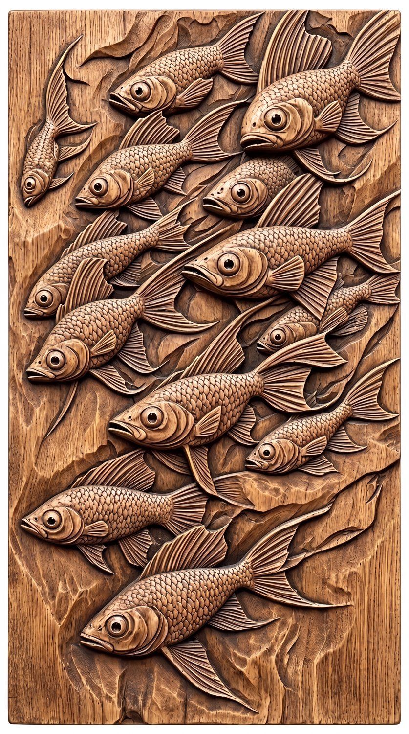 School of Swimming Fish Wood Carving CNC Relief STL bas-relief STL — view 4
