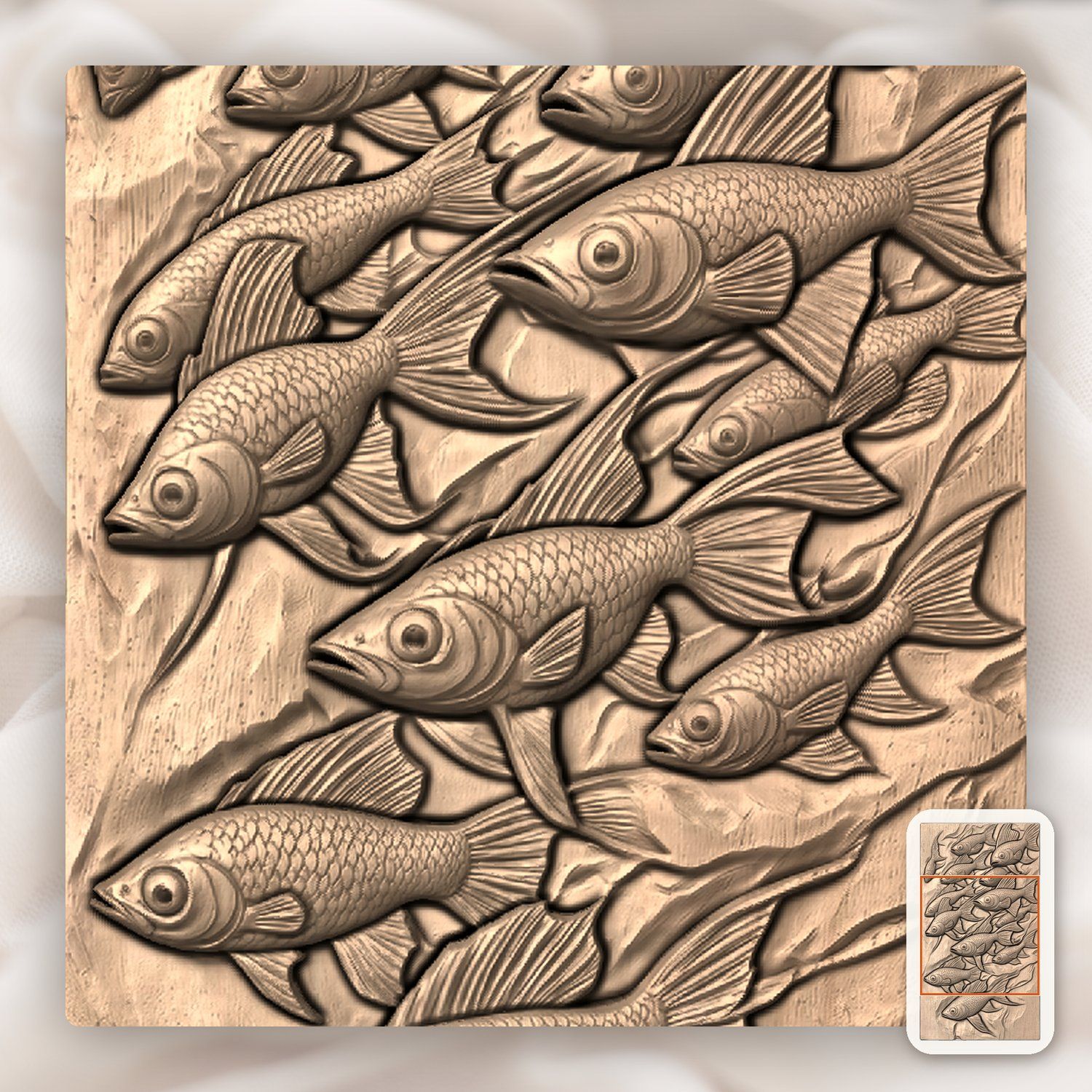 School of Swimming Fish Wood Carving CNC Relief STL bas-relief STL — view 7