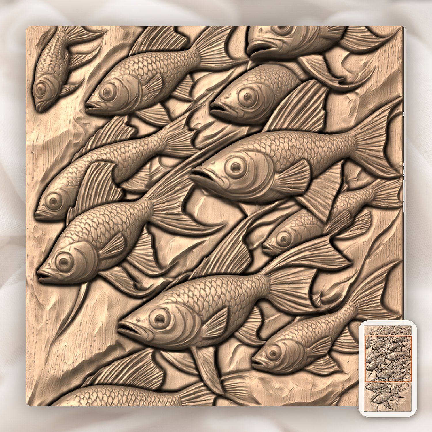 School of Swimming Fish Wood Carving CNC Relief STL bas-relief STL — view 8