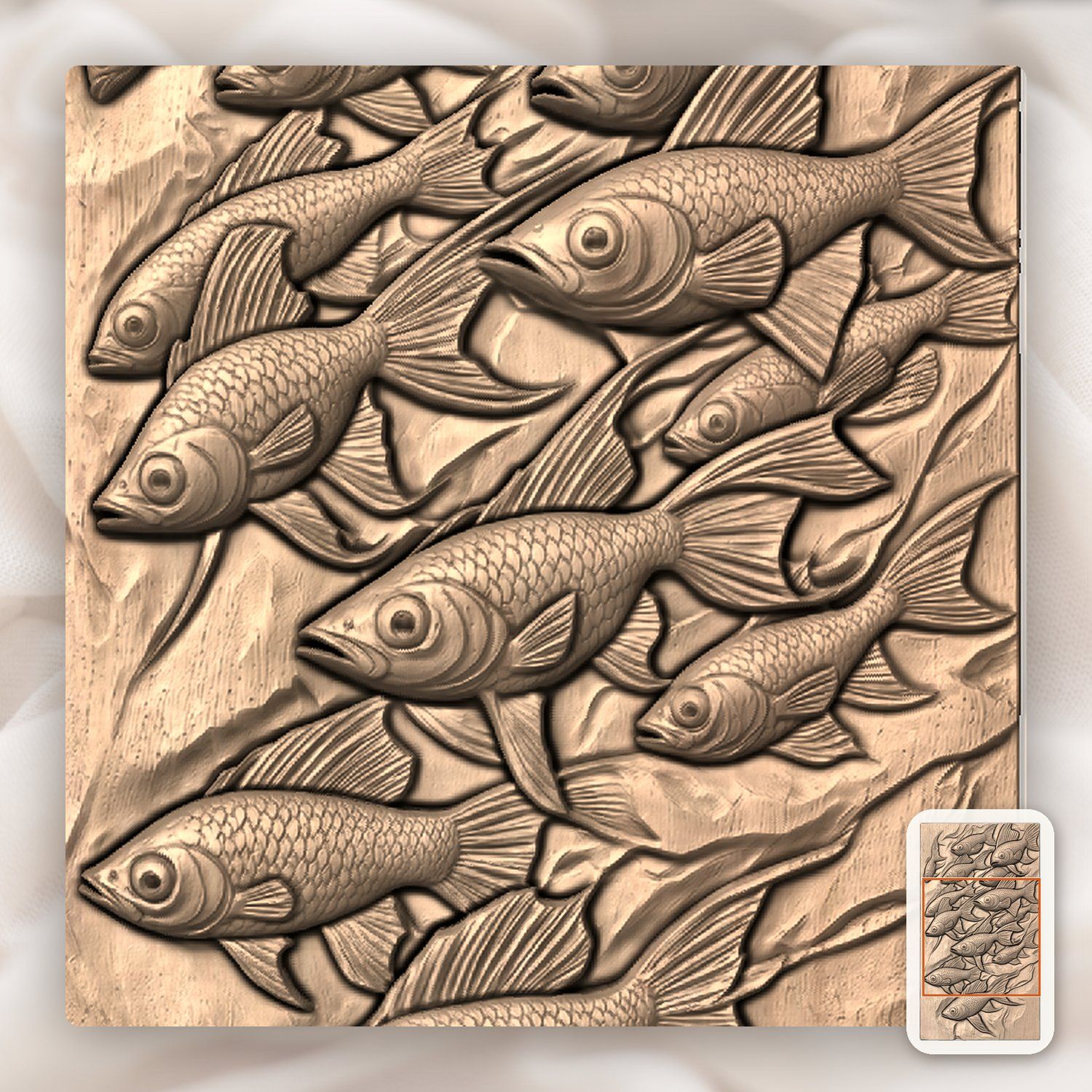 School of Swimming Fish Wood Carving CNC Relief STL bas-relief STL — view 10