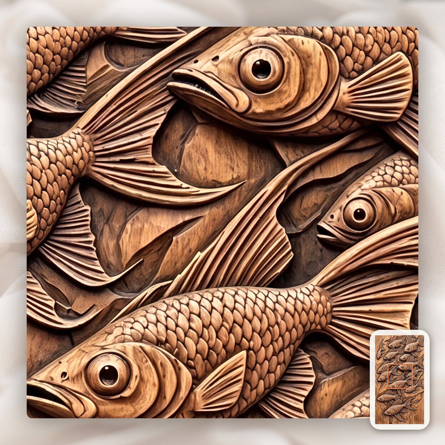 School of Swimming Fish Wood Carving CNC Relief STL bas-relief STL — view 11