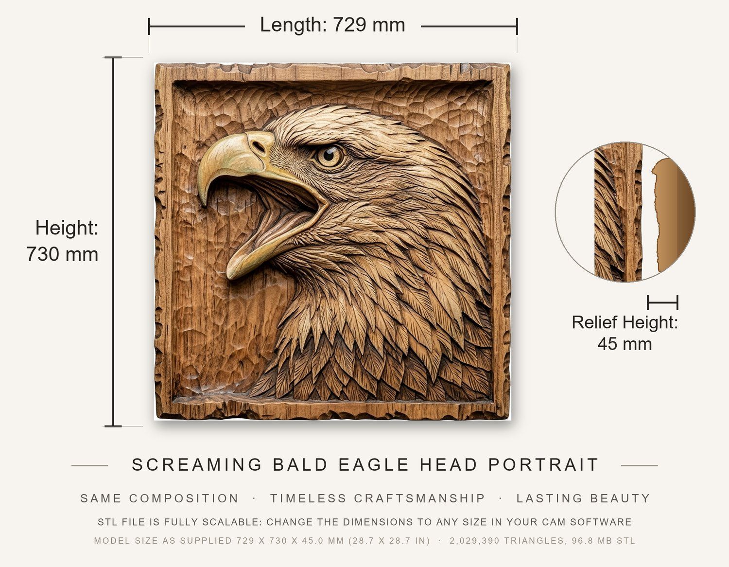 Screaming Bald Eagle Head Portrait CNC Relief STL bas-relief STL — view 3