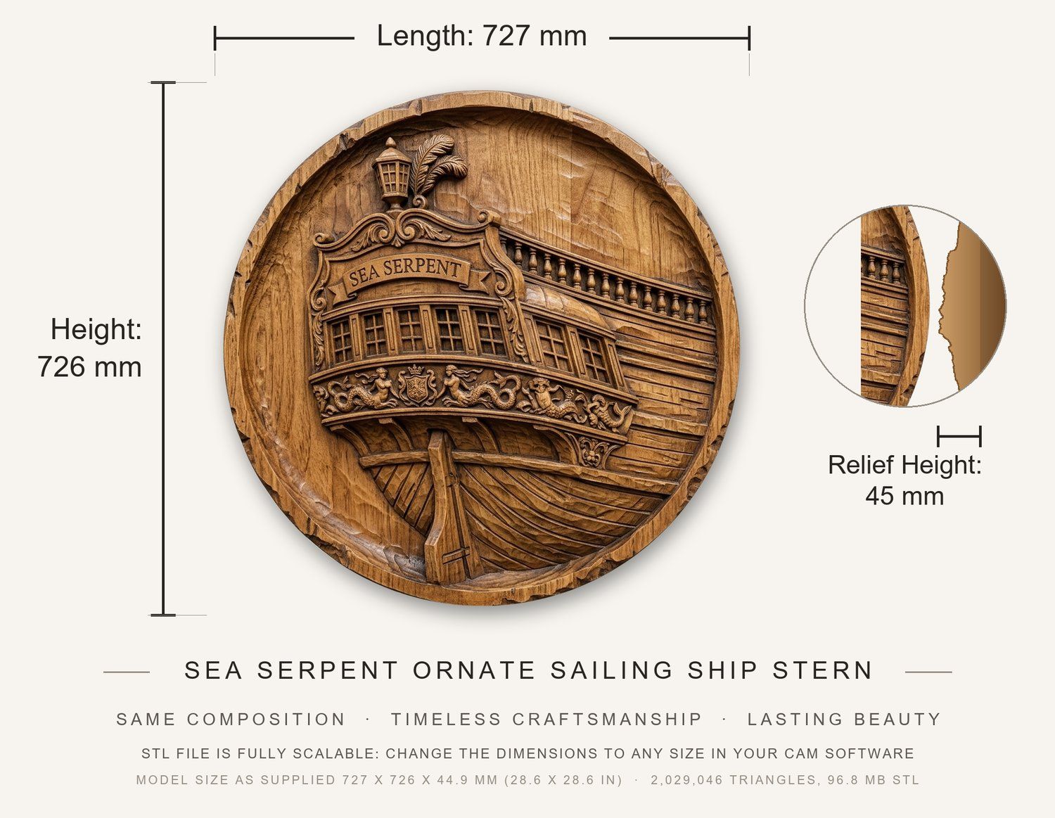 Sea Serpent Ornate Sailing Ship Stern CNC Relief STL bas-relief STL — view 3