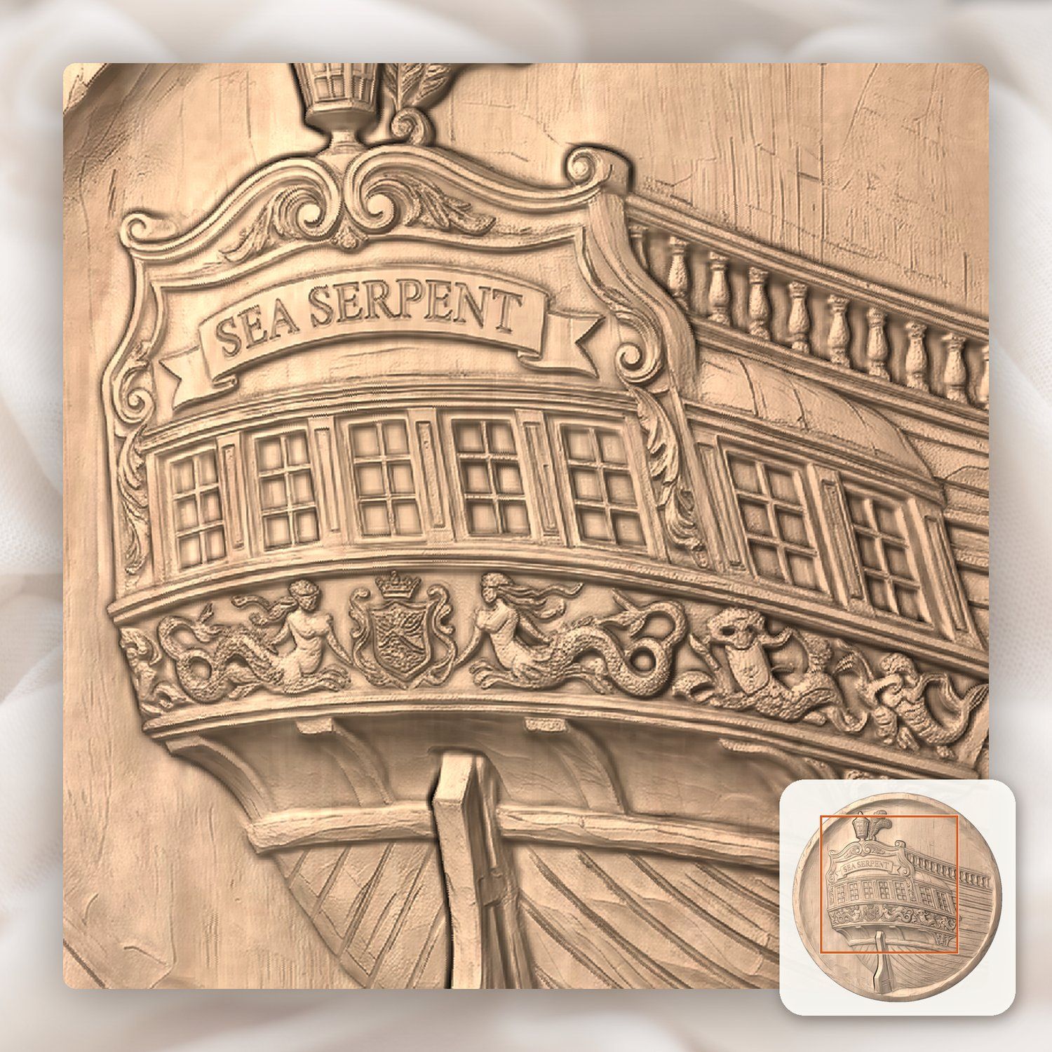 Sea Serpent Ornate Sailing Ship Stern CNC Relief STL bas-relief STL — view 6