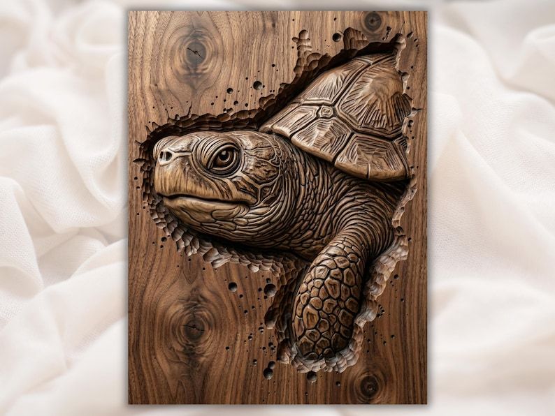 Bas-relief carving of a sea turtle emerging through cracked wood, detailed shell, eye, and flipper