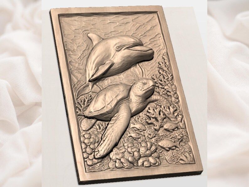 Dolphin and Sea Turtle Reef Bas-Relief STL Carving bas-relief STL — view 2