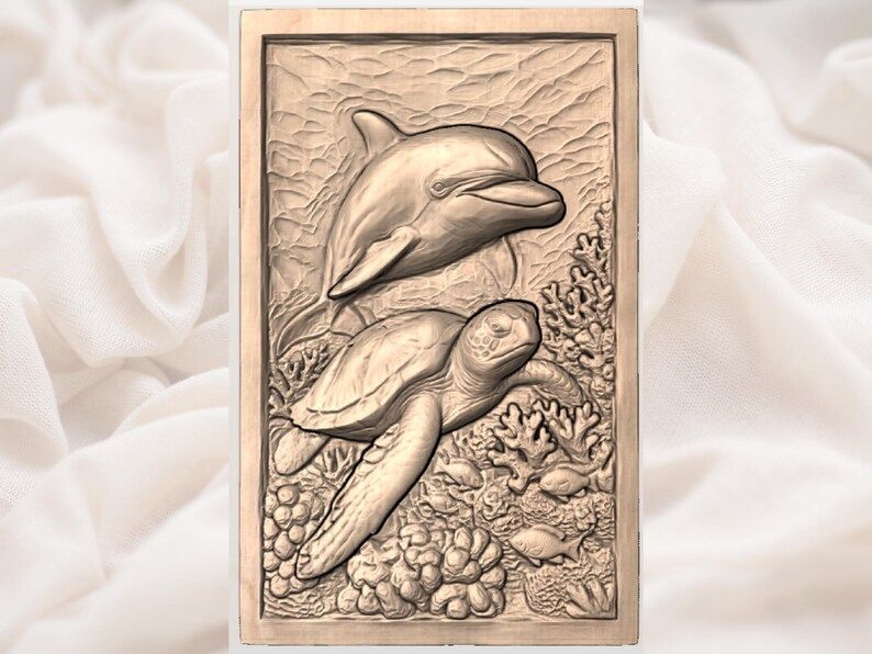 Dolphin and Sea Turtle Reef Bas-Relief STL Carving bas-relief STL — view 3
