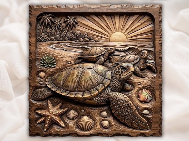 Carved wood bas-relief of three sea turtles on a beach at sunset with palm trees, shells, and a starfish