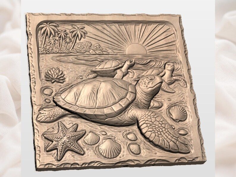 Sea Turtle Family Beach Sunset Bas-Relief STL Carving bas-relief STL — view 2