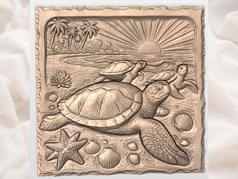 Sea Turtle Family Beach Sunset Bas-Relief STL Carving bas-relief STL — view 3