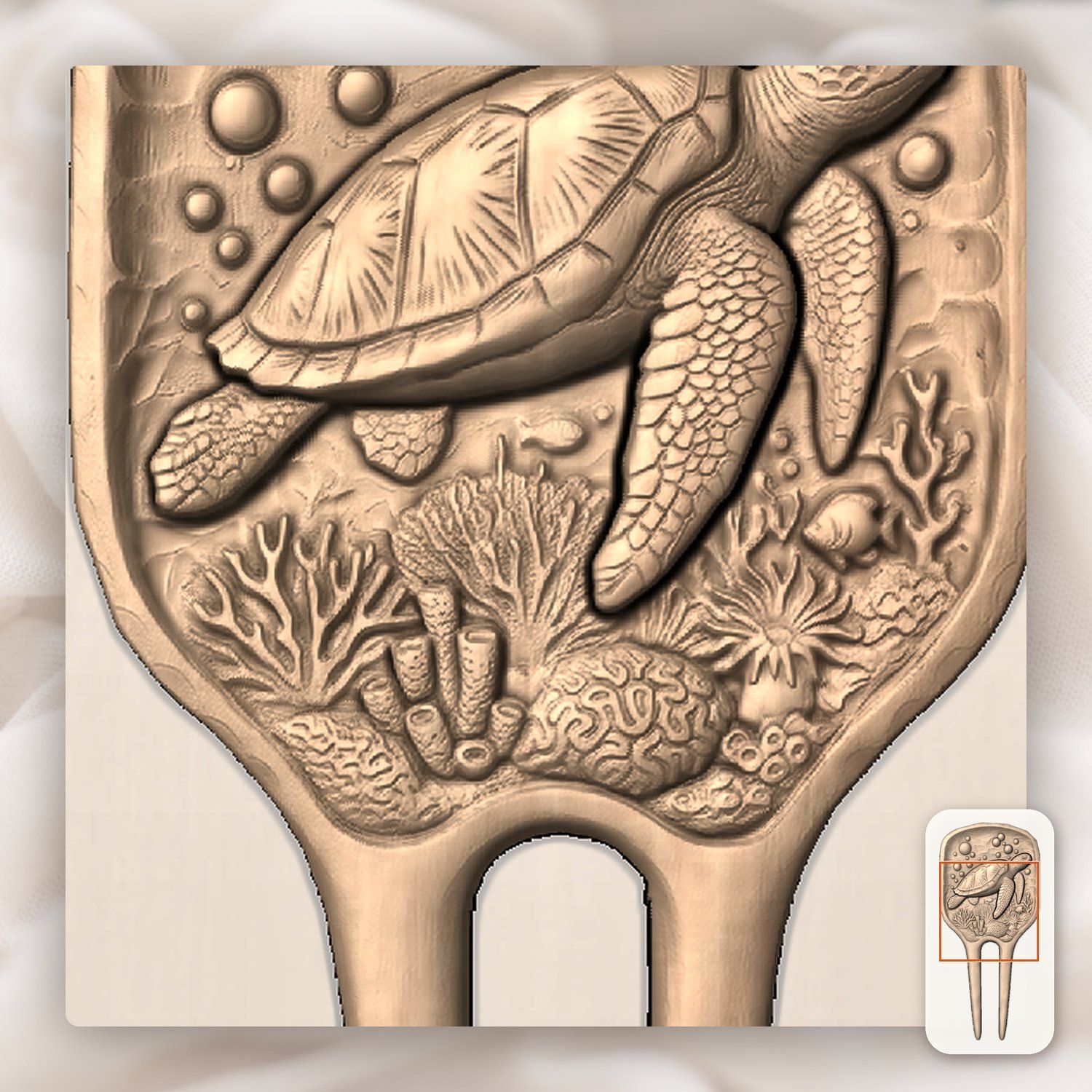 Sea Turtle Coral Reef Hair Fork CNC Relief STL bas-relief STL — view 8