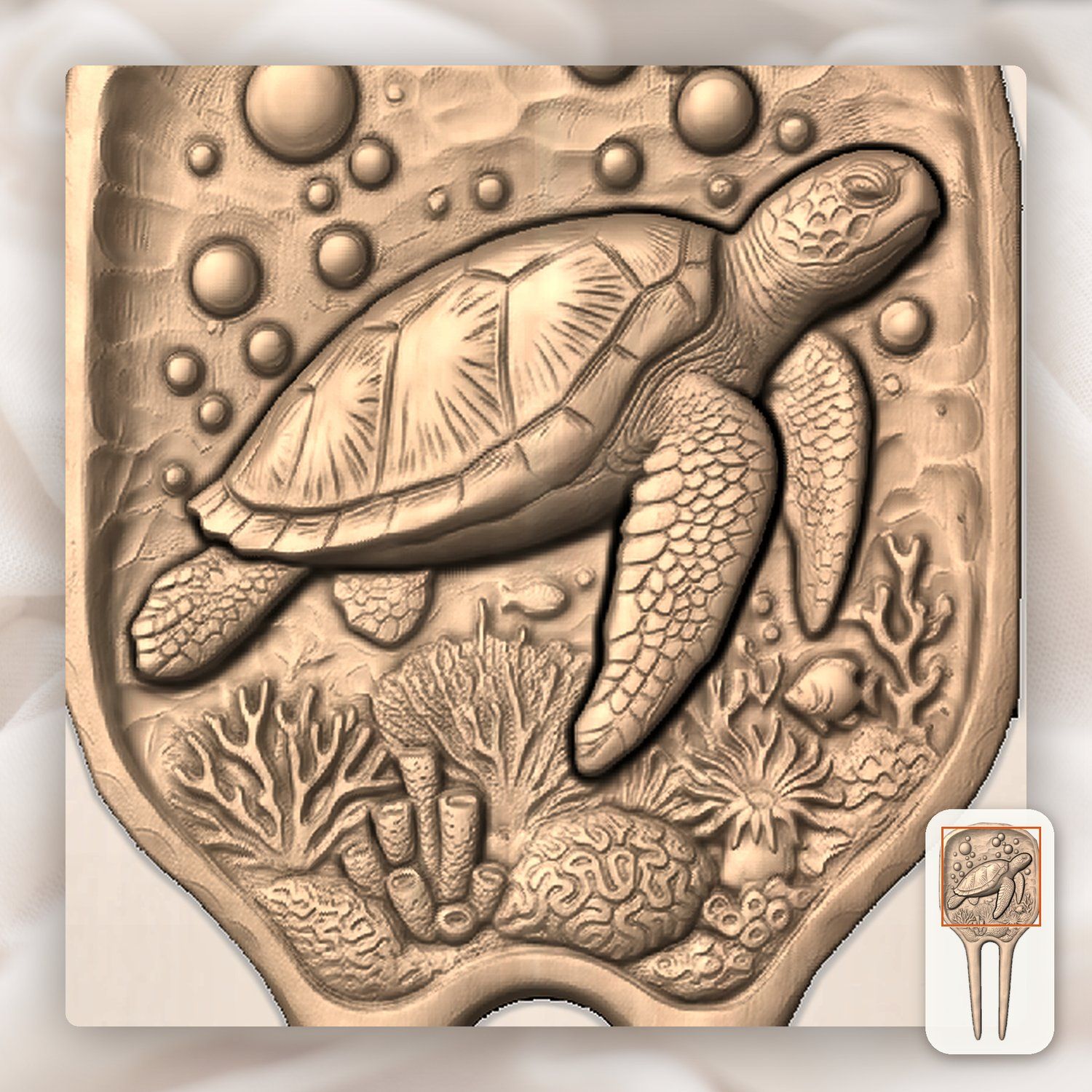 Sea Turtle Coral Reef Hair Fork CNC Relief STL bas-relief STL — view 9