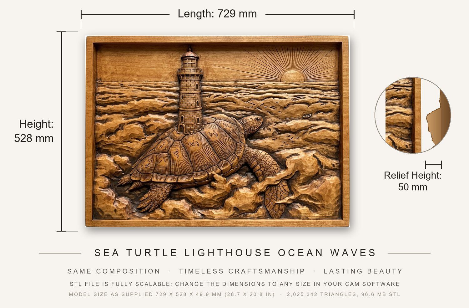 Sea Turtle Lighthouse Ocean Waves CNC Relief STL bas-relief STL — view 3