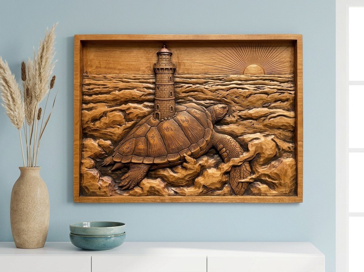 Sea Turtle Lighthouse Ocean Waves CNC Relief STL bas-relief STL — view 14