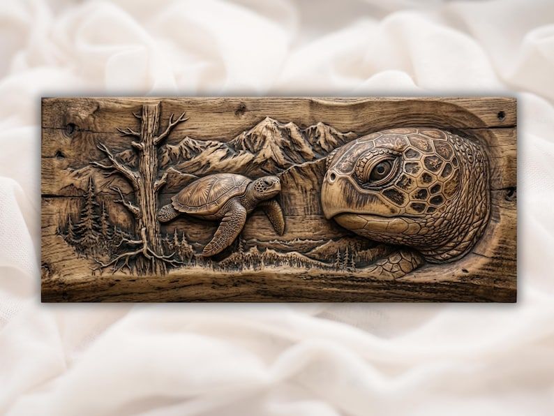 Carved wood relief of a large sea turtle head and a swimming turtle with mountains and pine trees behind.