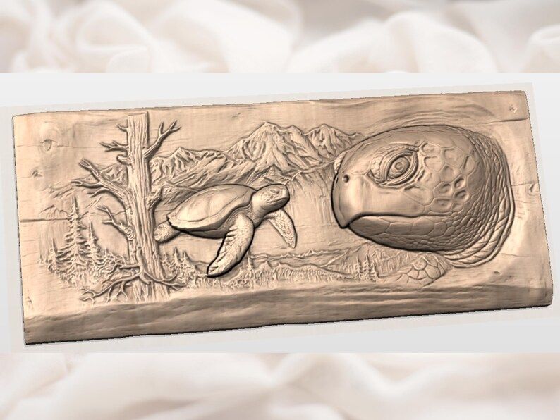 Sea Turtle Portrait and Swimmer Bas-Relief STL Carving bas-relief STL — view 2