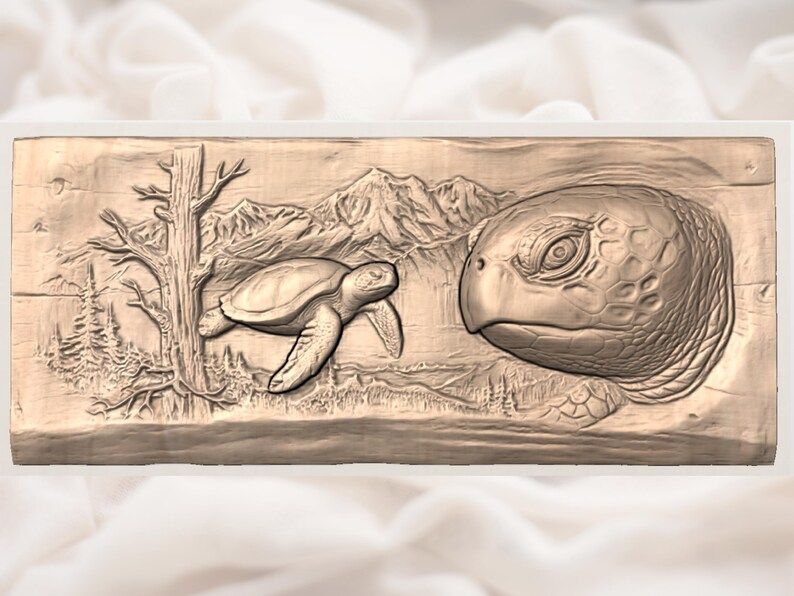 Sea Turtle Portrait and Swimmer Bas-Relief STL Carving bas-relief STL — view 3