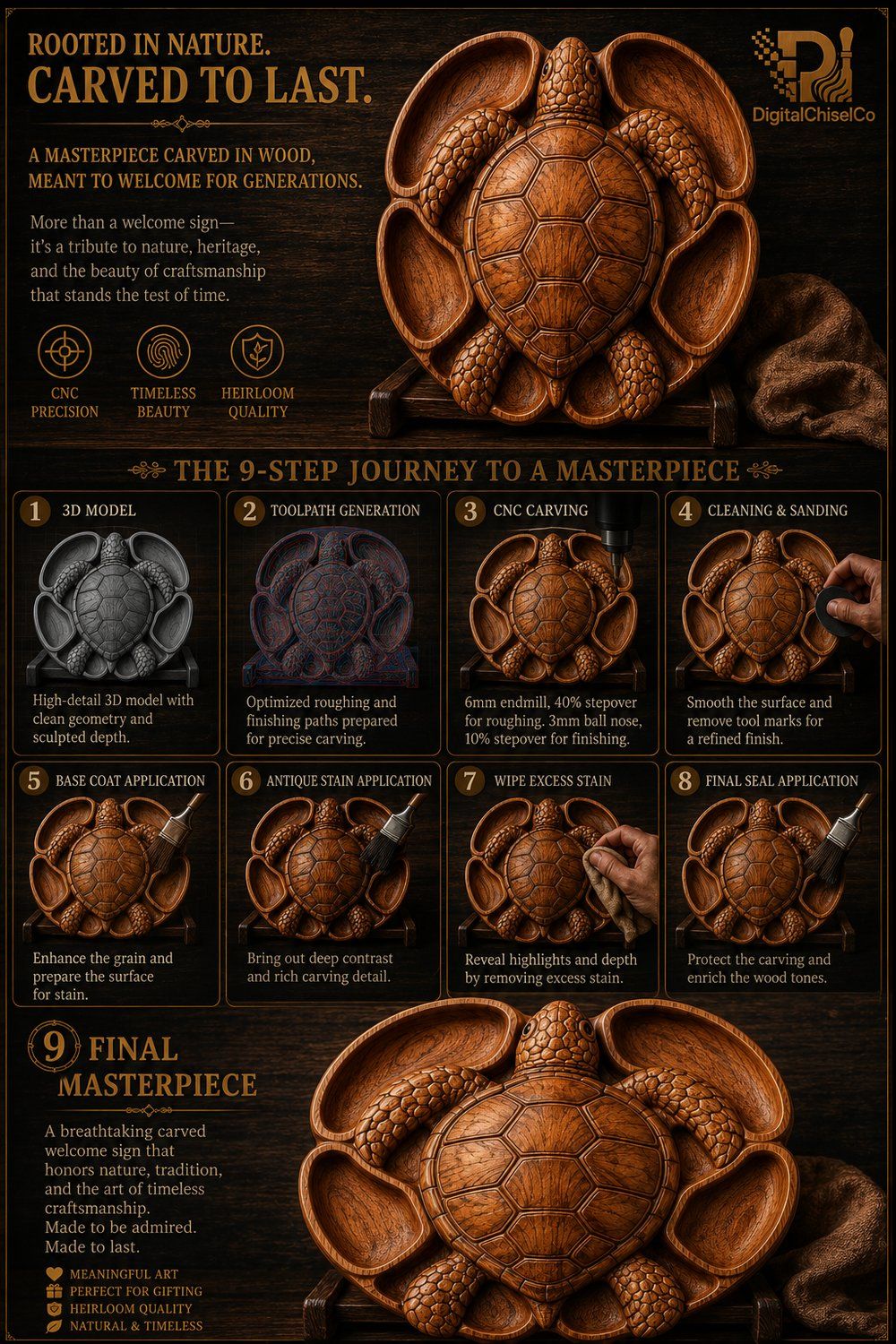Sea Turtle Serving Platter Wood Carving bas-relief STL — view 5
