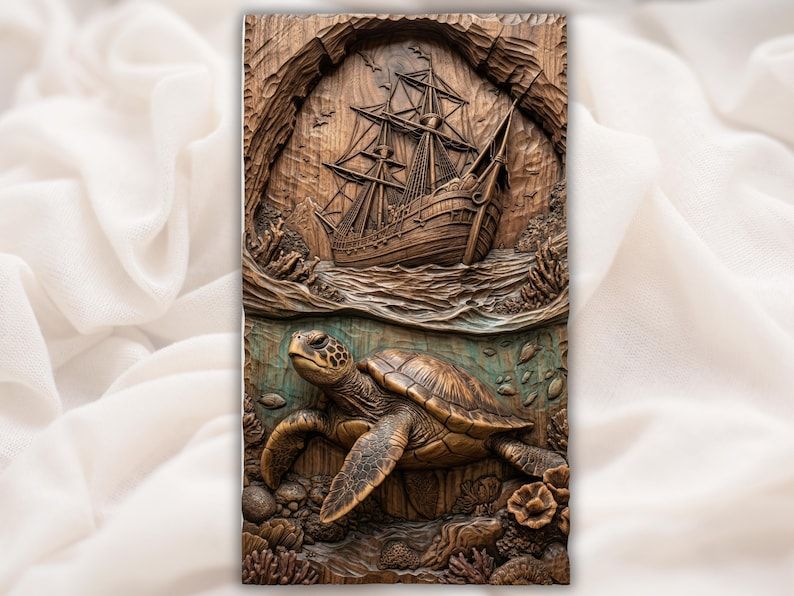 Carved wood relief of a tall sailing ship above ocean waves and a sea turtle swimming over coral below.