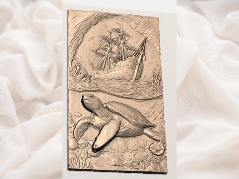 Sea Turtle and Tall Ship Two-Scene Ocean Relief STL bas-relief STL — view 2